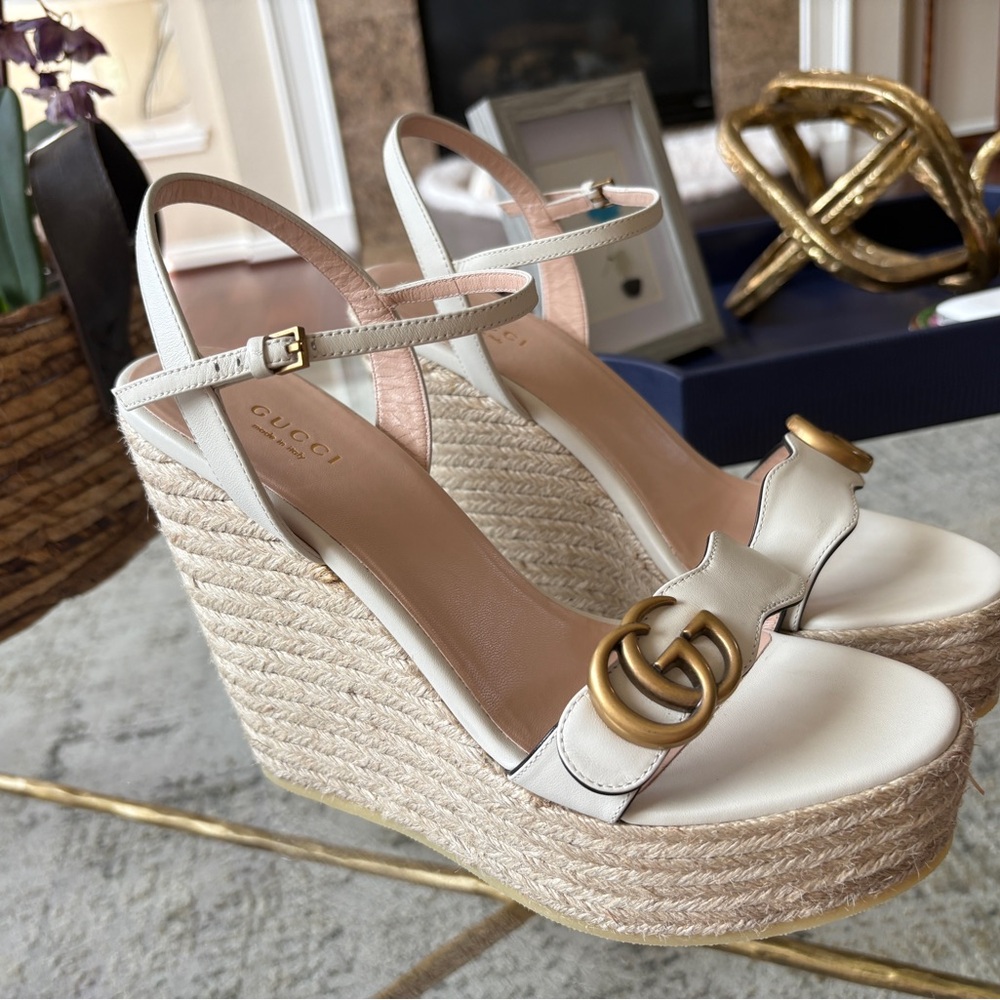 Gucci White Espadrille Wedges with Jute Heel